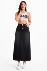 Women's High Waist Button Fly Denim Maxi Skirt