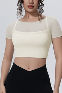 Women's Summer Athletic Mesh Stitched Mock Two-Piece Tee