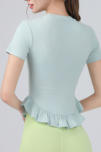 Women's Crew Neck Ruffle Hem Sports Short Sleeve Top