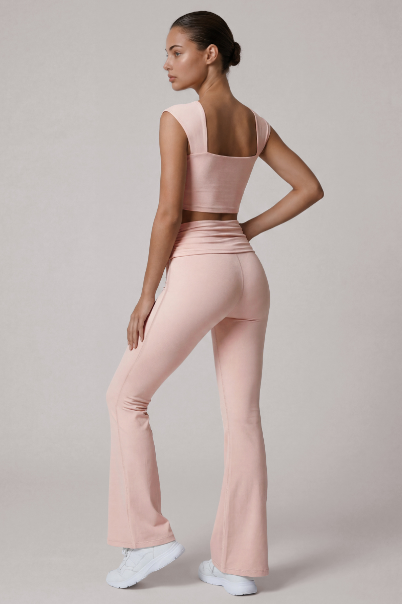Women's Cropped Top And Pleated Waist Flare Pants Yoga Set