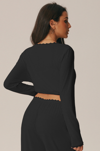 Women's V Neck Lace Trim Wrap Tie Cropped Long Sleeve Pilates Top