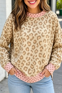 Women's Fall Leopard Polka Dot Contrast Splicing Pullover