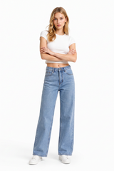 Women's Mid Waist Washed Straight Leg Jeans