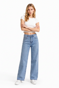 Women's Mid Waist Washed Straight Leg Jeans