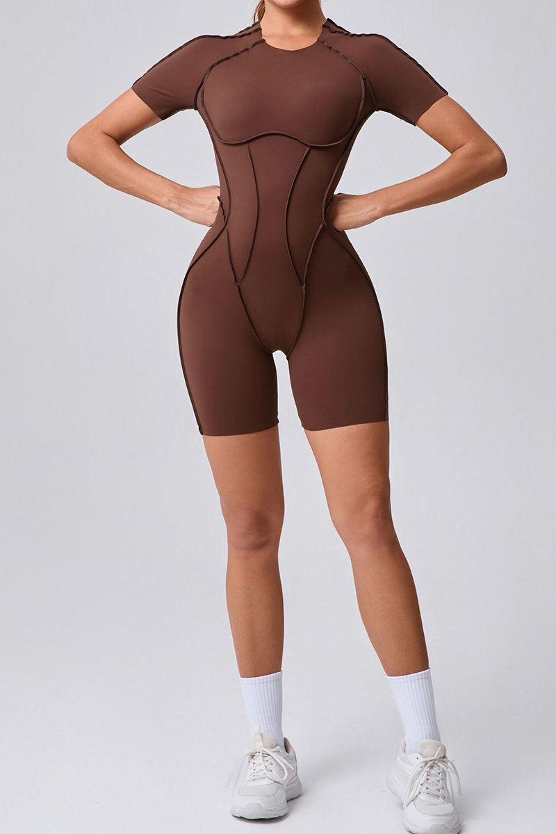 Women One-Piece Tight Short-Sleeved Hollow Back Stereo Beauty Fitness Yoga Sports Jumpsuit
