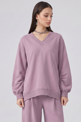 Women's Fall Boxy V Neck Drop Shoulder Rib Cuffs Sweatshirt