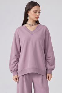 Women's Fall Boxy V Neck Drop Shoulder Rib Cuffs Sweatshirt
