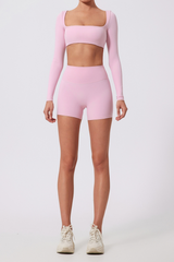 Women's Cropped Long Sleeve Top & Ruched Yoga Shorts Set