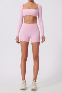 Women's Cropped Long Sleeve Top & Ruched Yoga Shorts Set