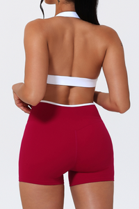 Women's Color-Block Halter Sports Bra & Cross-Waist Shorts Set