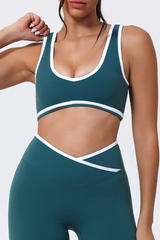 Women's Color-Block Sports Bra & Cross-Waist Sport Leggings Set