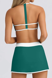 Halter T-Back Sports Bra&High-Waist Split Skort 2-Piece Set