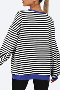 Women Fall Contrast Striped Lantern Sleeve Loose Sweatshirt