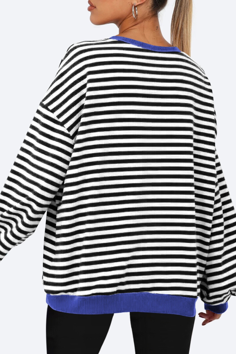 Women Fall Contrast Striped Lantern Sleeve Loose Sweatshirt