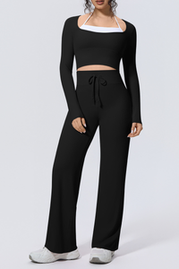Women Sets:Cropped Long Sleeve T-shirt And Straight Leg Pant