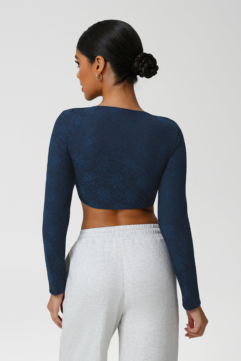 Women Lace Square Neck Cropped Yoga Long Sleeves