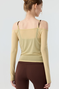 Women’s Twist Strap  Sheer Off-Shoulder Padded Yoga Top