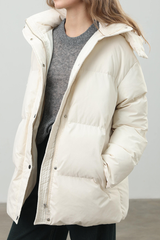 Women's hooded mid-length cotton jacket with waist tie.