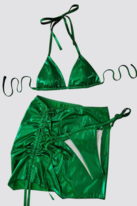 Women's Metallic Halter High Waist Cover-up Bikini Set-3pcs