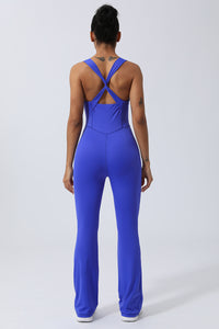 Women Criss Cross Back Sport Flare Jumpsuit