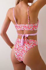 Women's V-Neck Floral Gingham Patchwork Bikini Set