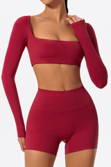 Women's Cropped Long Sleeve Top & Ruched Yoga Shorts Set