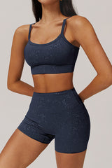 Women Gold Foil Fabric Sports Bras + Yoga Sports Shorts