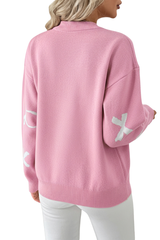 Women's bow-print knitted casual sweater.