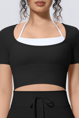 Women Athletic Fake Two Color Block Cropped Halter T-shirt