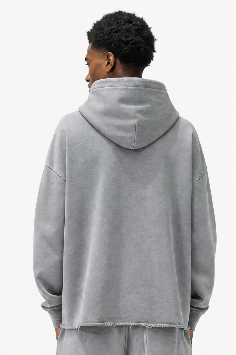 Men's Fall Winter 100% Cotton Washed Frayed Hem Hoodie