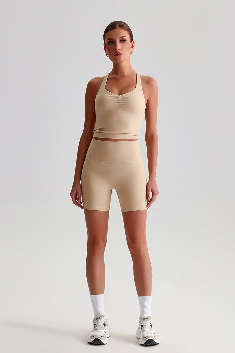 Women Solid Naked Sensation Yoga Set: High-Waisted Sculpting Shorts + Crisscross Back Support Bra