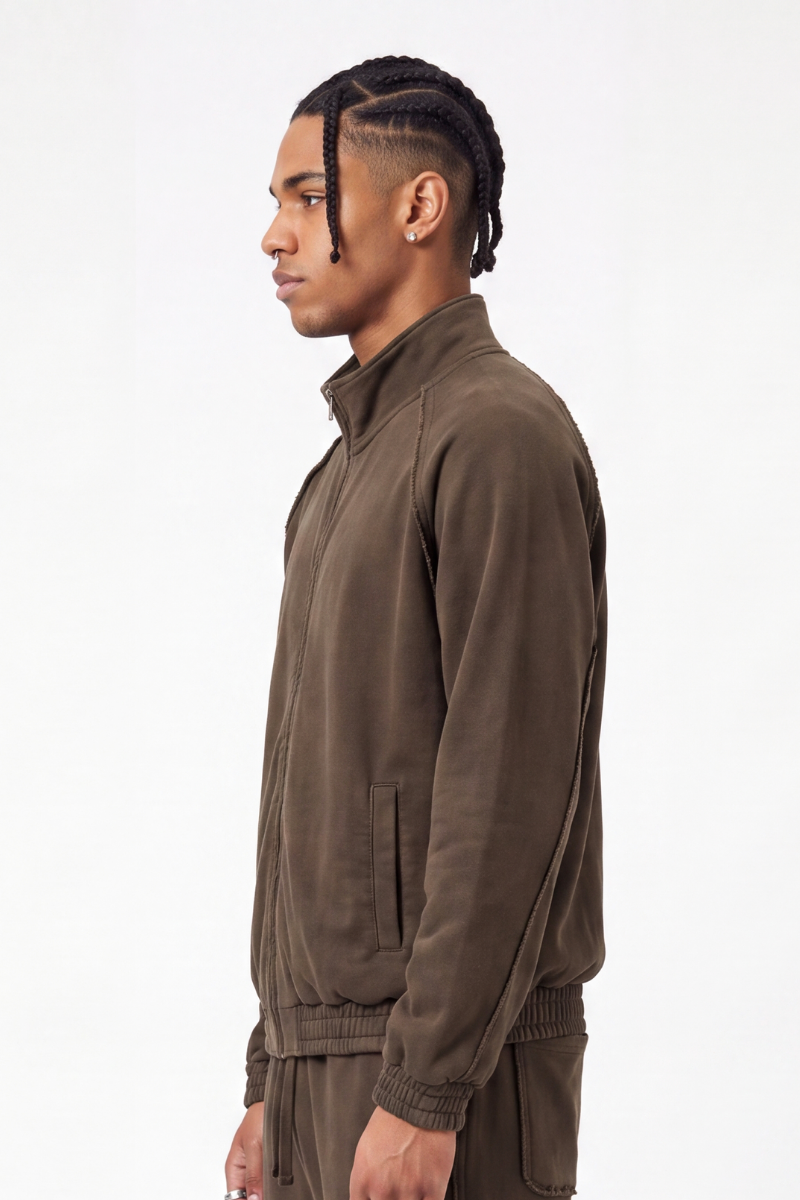 Men's Fall  100% Cotton Washed Faded Raw Edge Zip Up Jacket