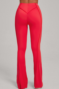 Wide-leg, snug, textured, and high-waisted flared pants