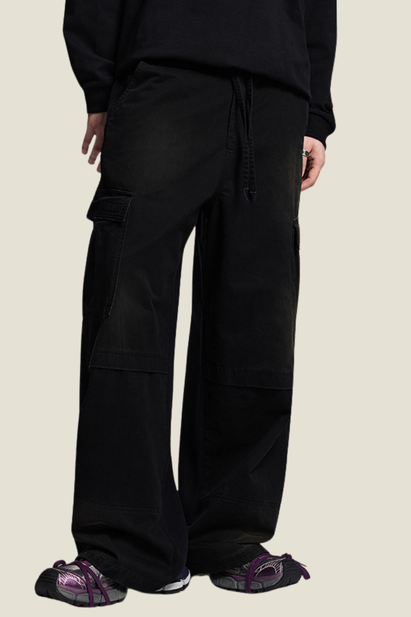 Unisex Solid Spray Dye Cargo - Wide Leg Patchwork Pants