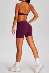 Women's Seamless Sets:Halter Backless Bra And Pleated Shorts