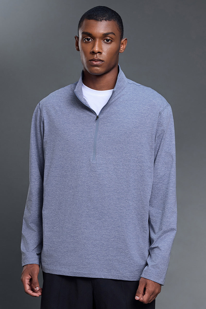 Men Half-Zip Stand Collar Breathable Loose Long Sleeve T-Shirt