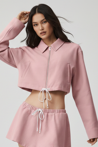Women's Lapel Zipper Cropped Drawstring Jacket