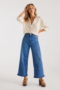 Women's High Waist Wide Leg Jeans with Ruffle Hem