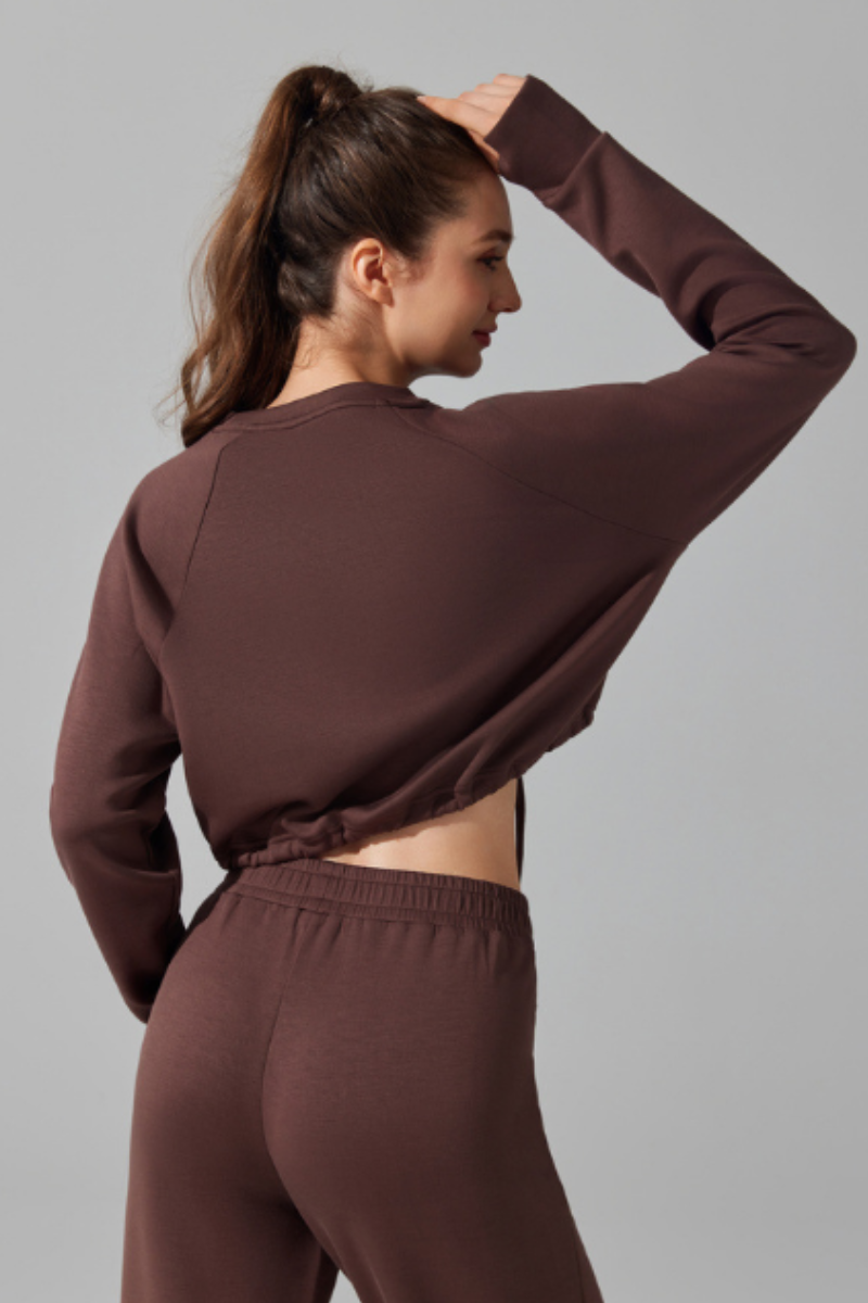 Women's Cropped Drawstring Long Sleeve Athletic Sweatshirt