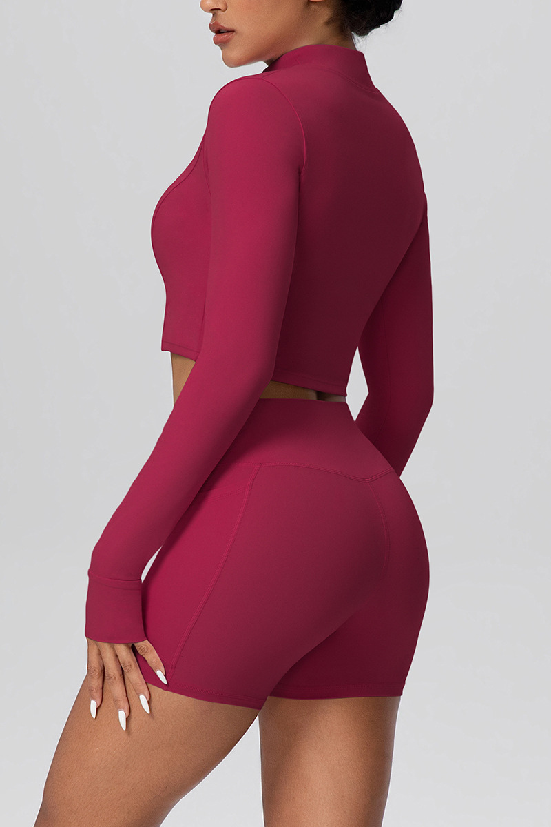 Women's Two Piece Set:Stand Collar Cropped Jacket And Shorts