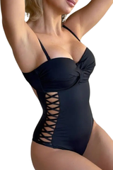 Women's Deep V Crisscross Hollow One Piece Swimsuit - Black