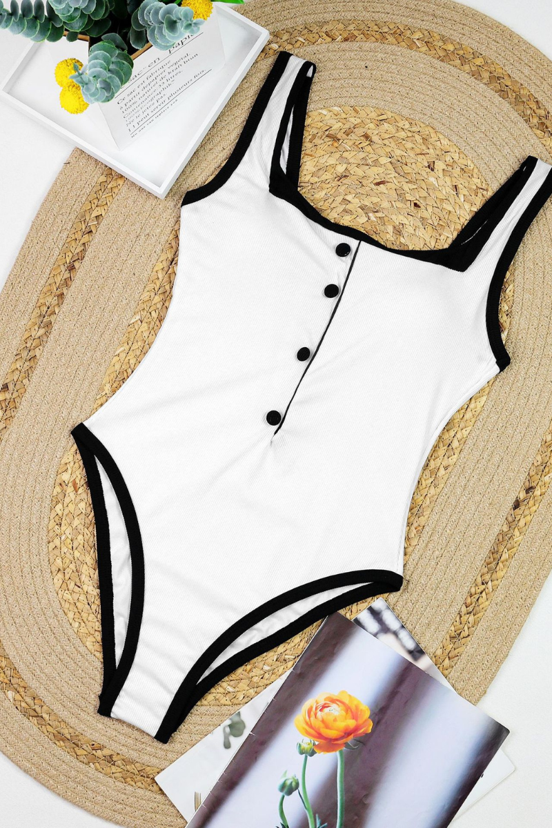 Women's Sexy Contrast Square Neck Slim One Piece - Black