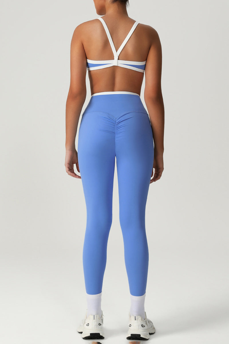 Trimmed crossover back bra & high waist sports leggings 2-piece set