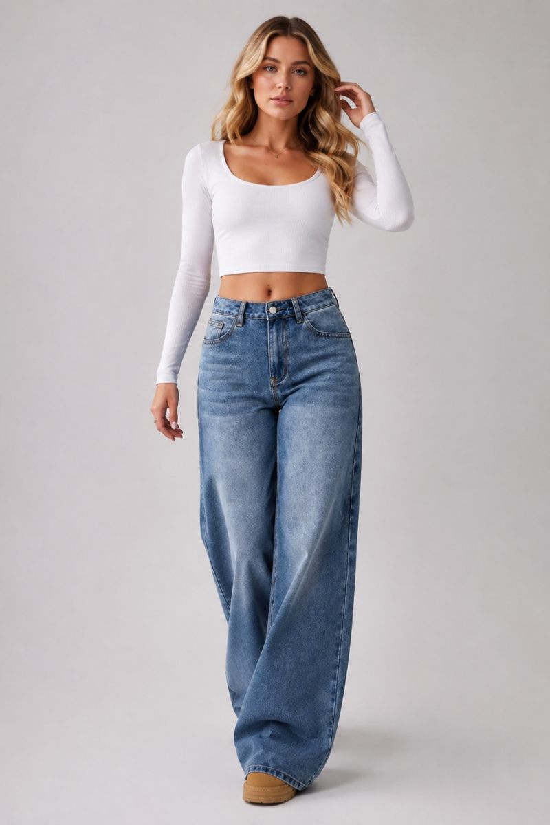 Women's Vintage Wash High Waist Wide Leg Jeans