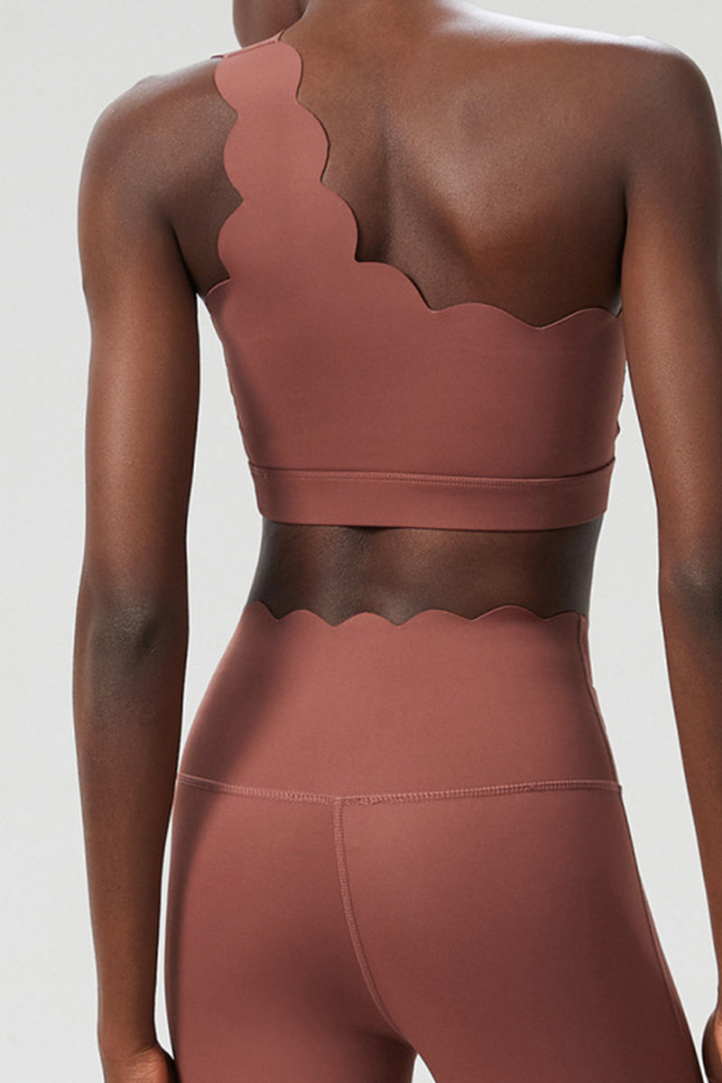 Women Wave Hem Liquid Yoga Set - One-Shoulder Bra & Sculpting Leggings