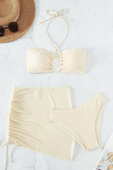 Women's Halter Pleated Side Tie 3 Piece Bikini Set