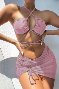 Women's Halter Ruched Triangle Drawstring Cover-up Set-3pcs