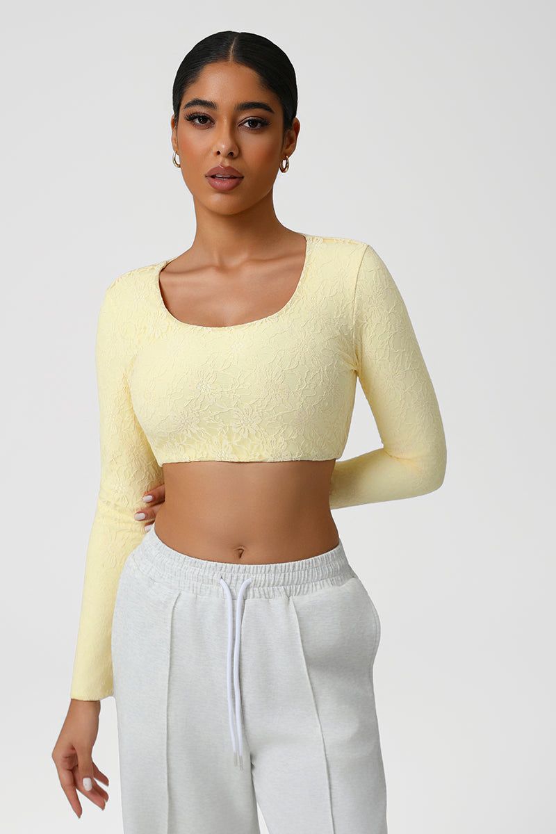 Women Lace Square Neck Cropped Yoga Long Sleeves