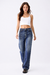 Women's High Waist Side Studded Wide Leg Jeans