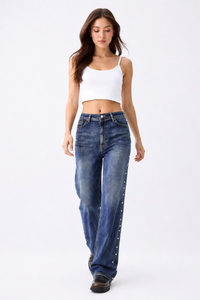 Women's High Waist Side Studded Wide Leg Jeans